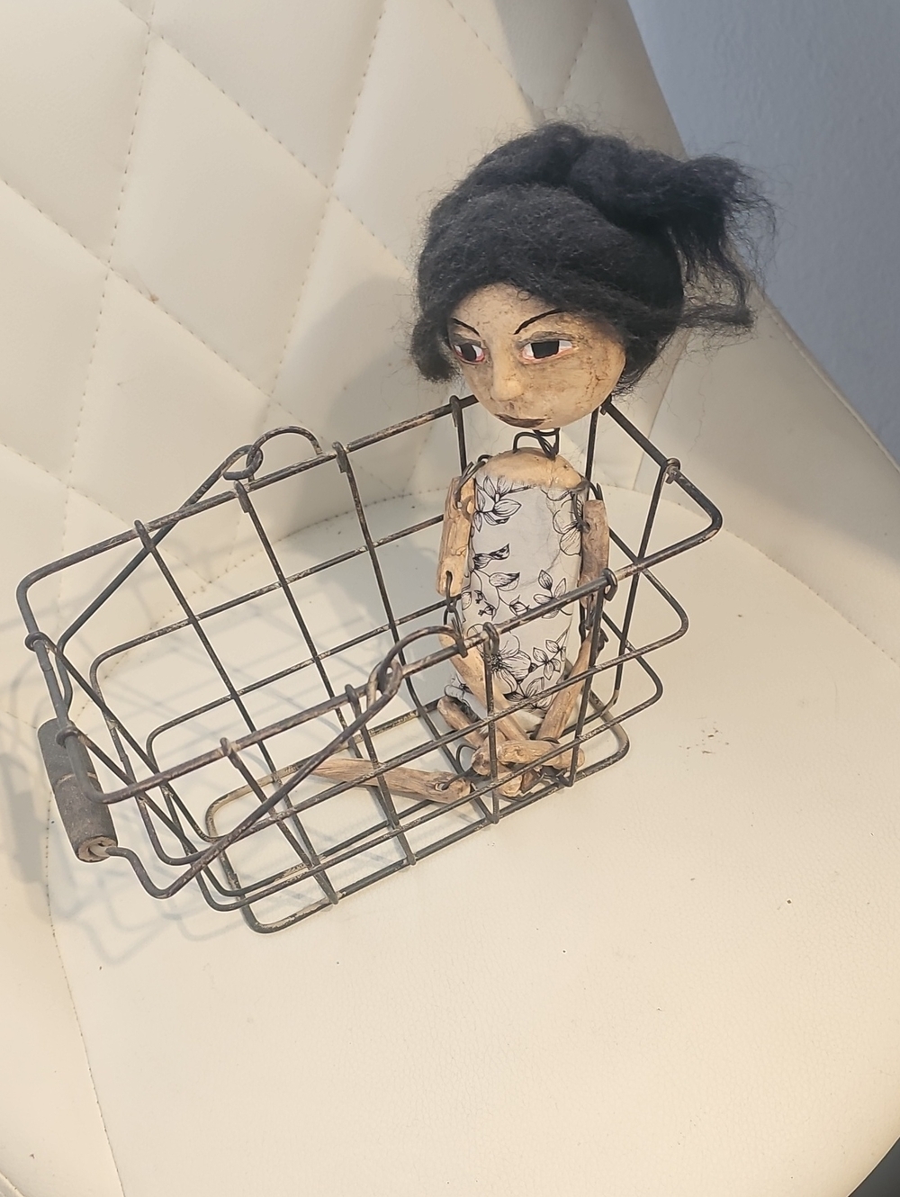 Artist Handmade Wooden Doll with Black Yarn Hair and Floral Dress